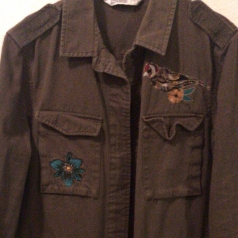 Dark Green Jacket With Patch Designs, Sz L, Army … - image 2